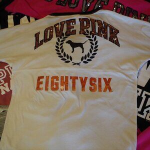 VS PINK White Orange Sequin Varsity Jersey Long Sleeve